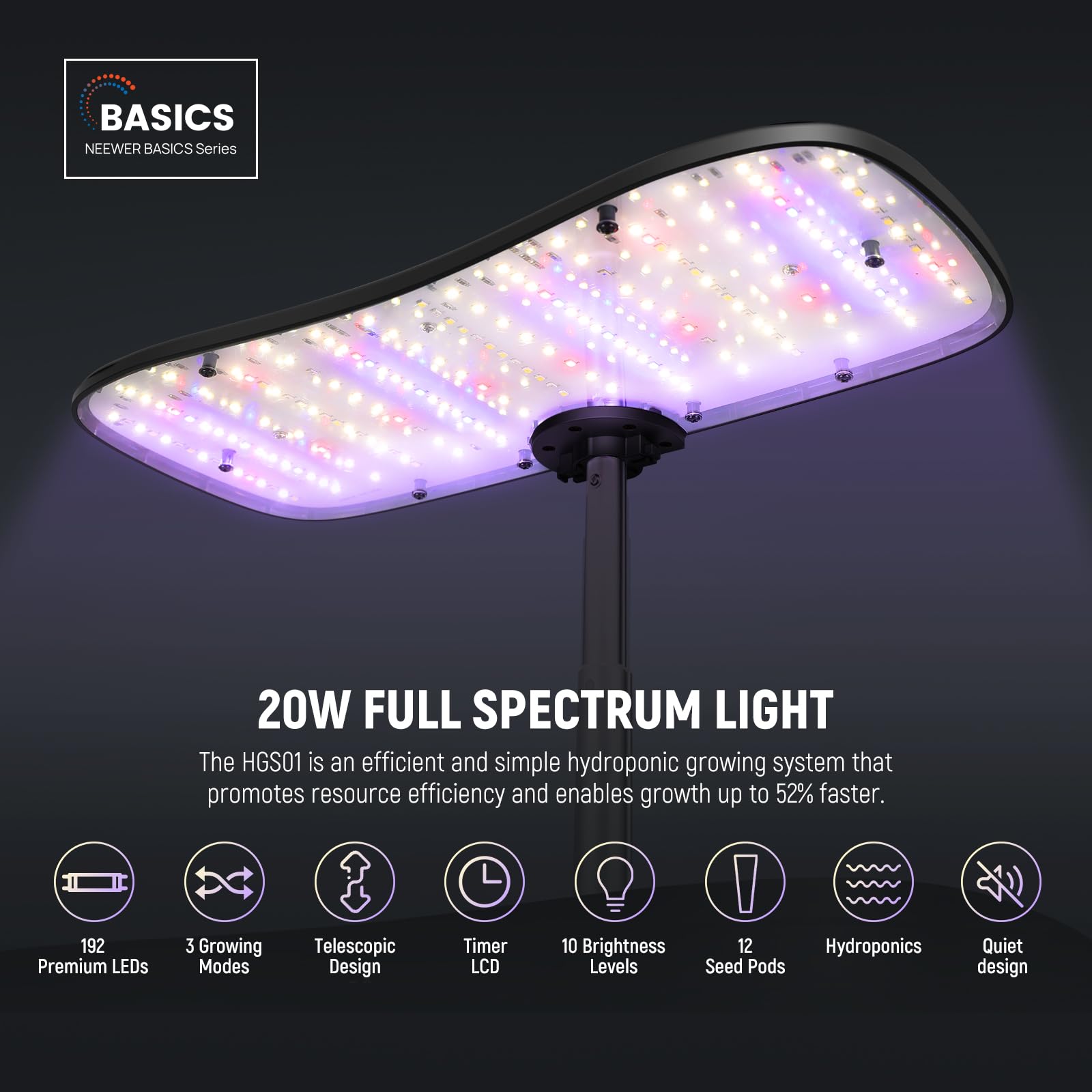 NEEWER Hydroponics Growing System with adjustable light panel