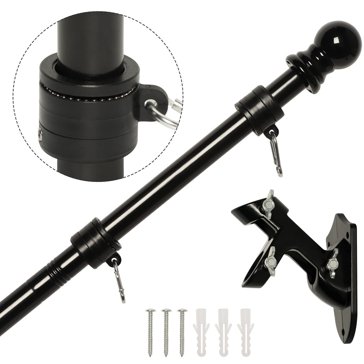 NELXINJO 5FT Flag Pole Kit black stainless steel front view