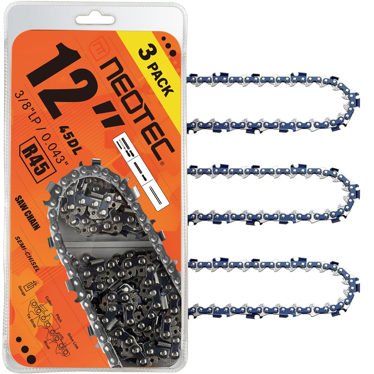NEO-TEC 12 Inch Chainsaw Chain 3-Pack front view