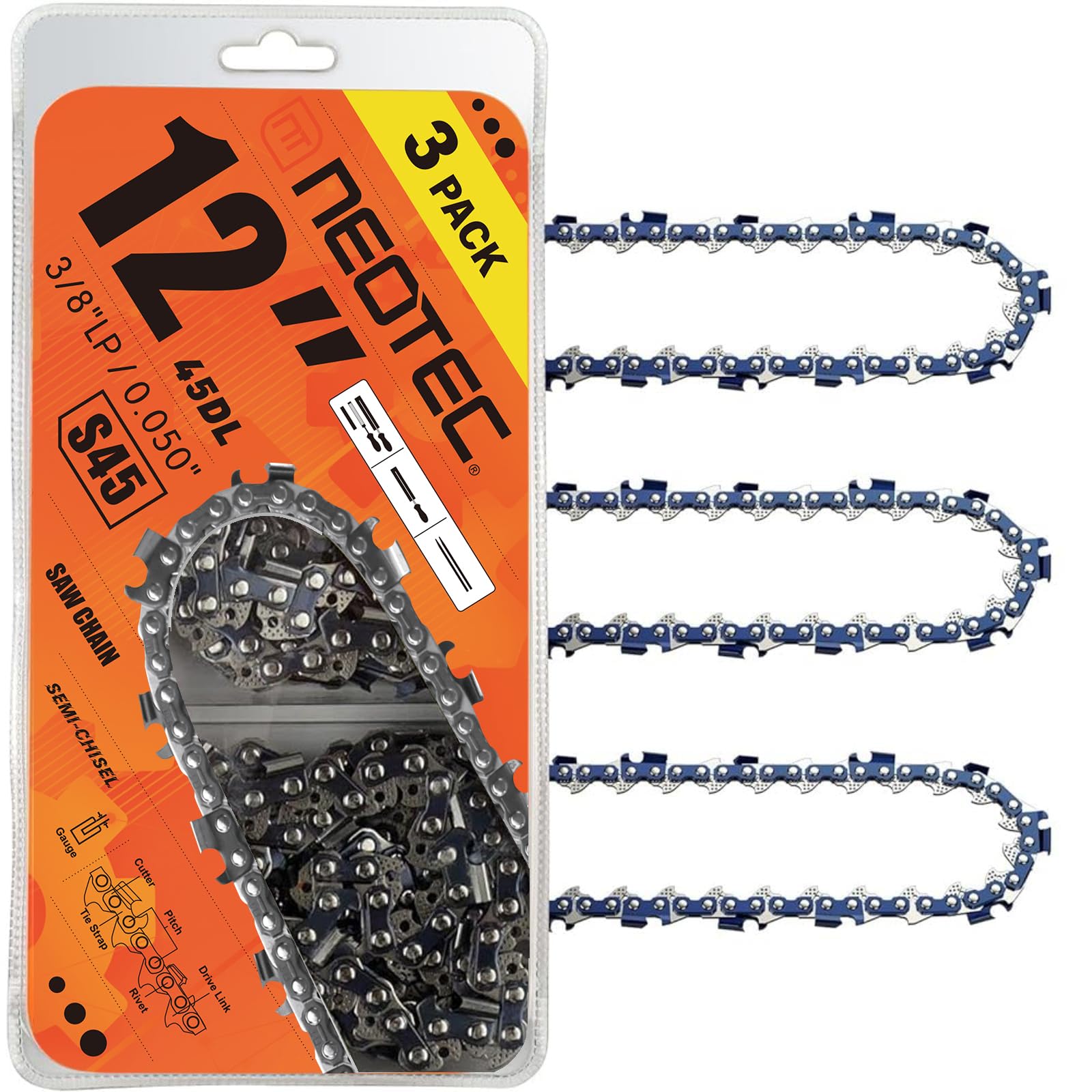 NEO-TEC 12 Inch chainsaw chain pack of three with orange colour