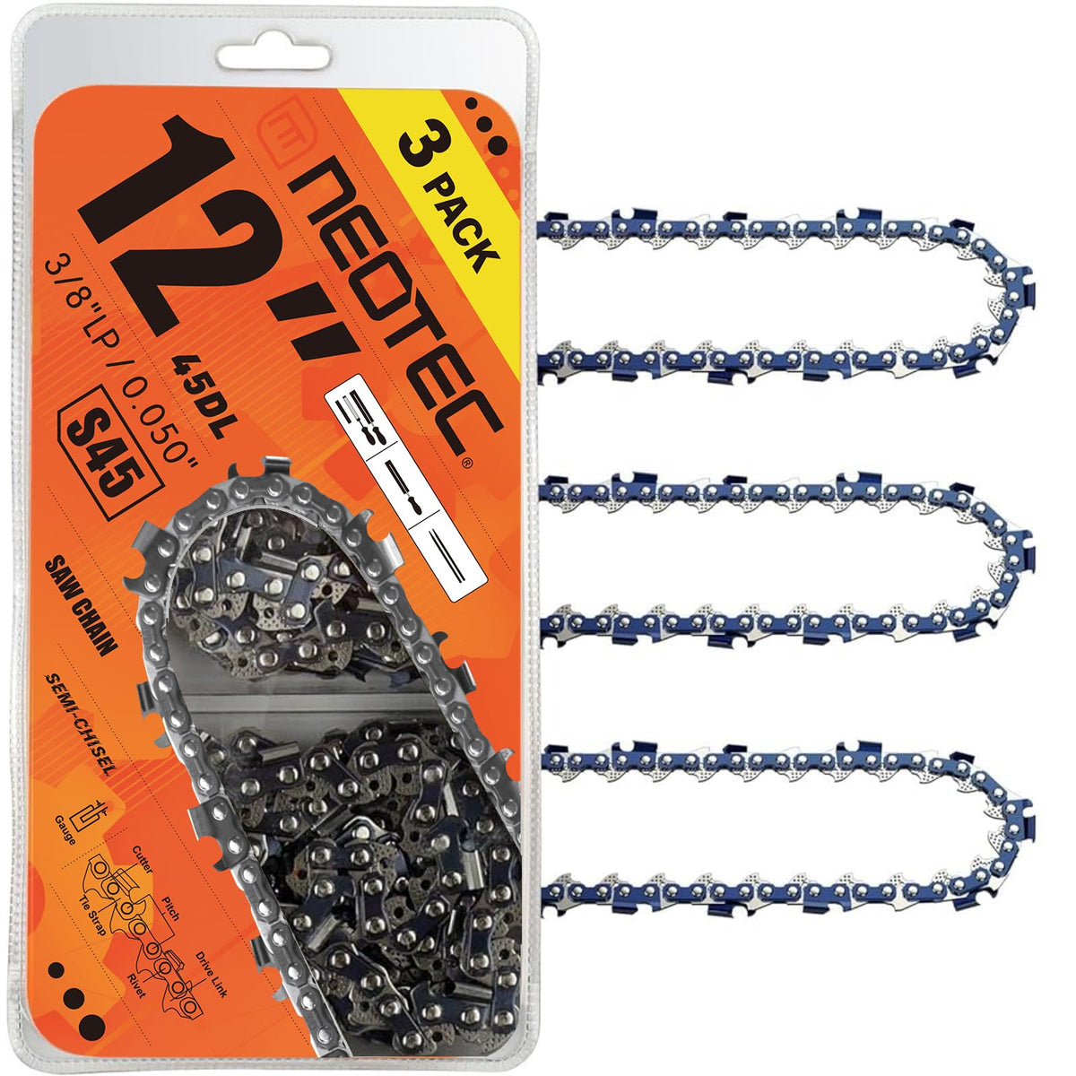 NEO-TEC 12 Inch chainsaw chain pack of three with orange colour
