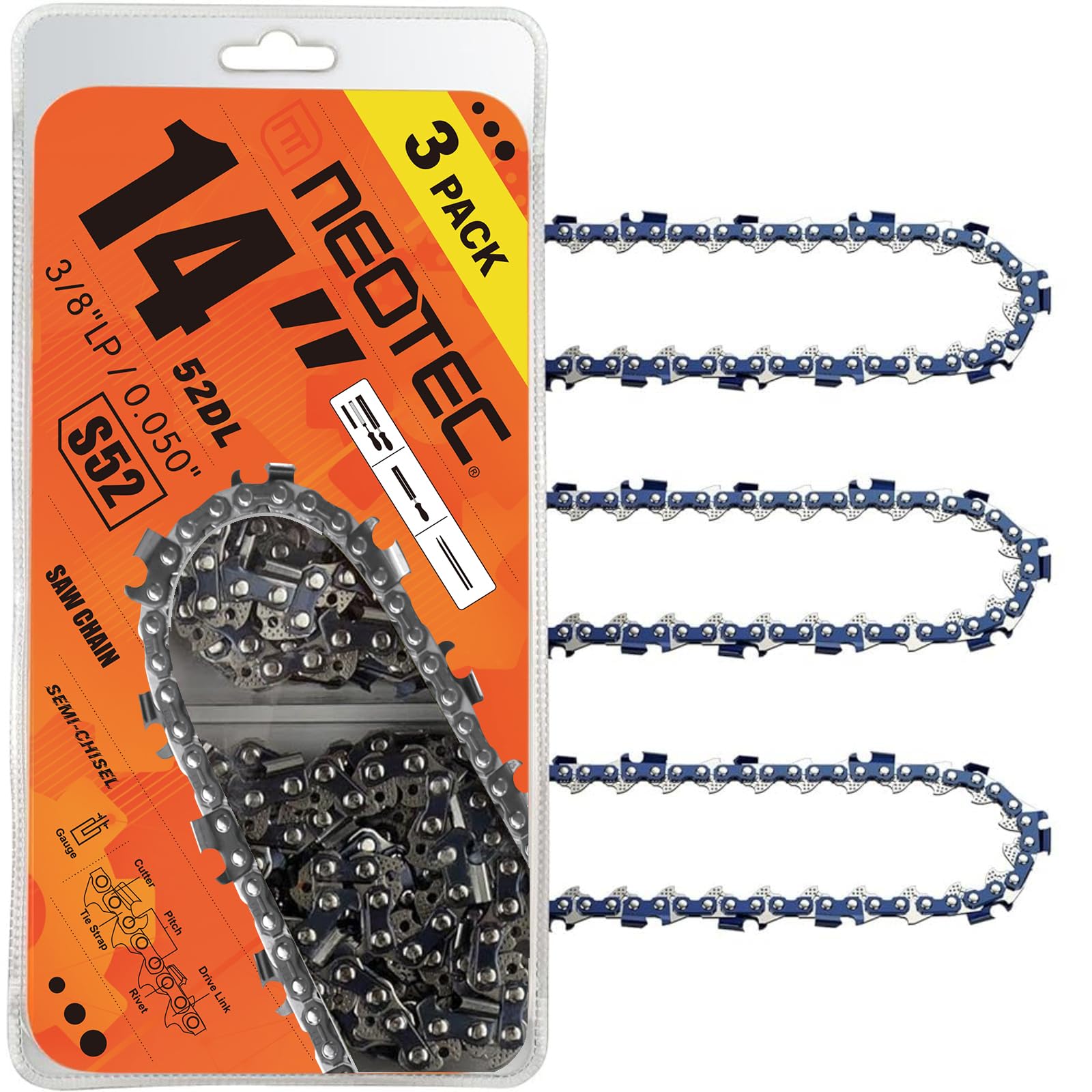 NEO-TEC 14 Inch Chainsaw Chain 3 Pack front view