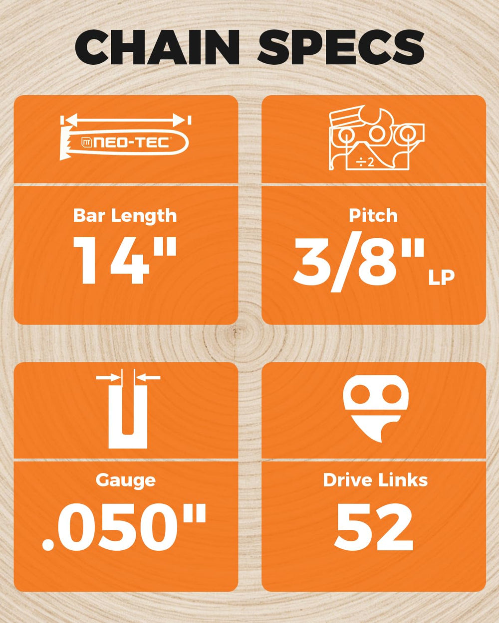 NEO-TEC chainsaw chain specifications on packaging