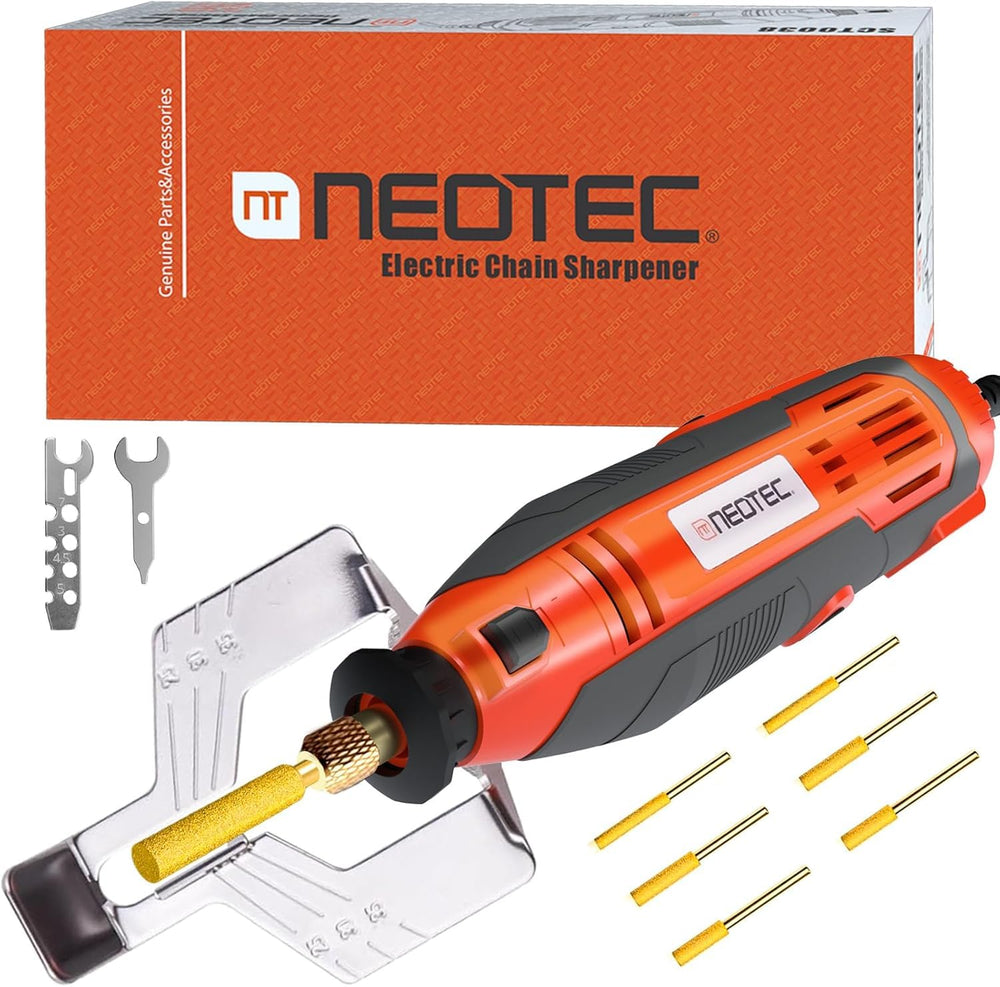NEO-TEC Electric Chainsaw Sharpener front view with angle guide
