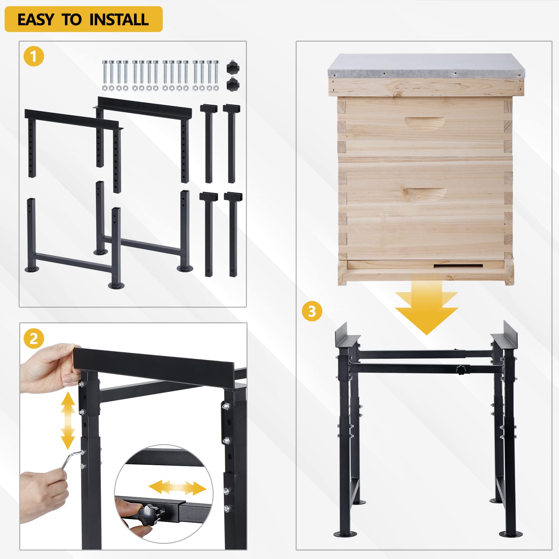 Neorexon hive stand with beehive on top, demonstrating stability
