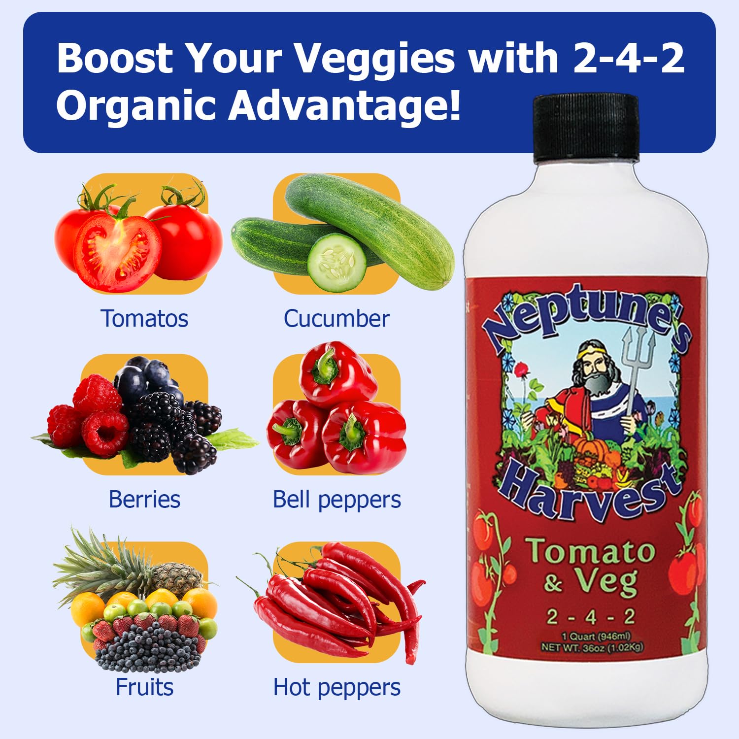 Neptune's Harvest Fertilizer quart bottle with fish and seaweed graphics