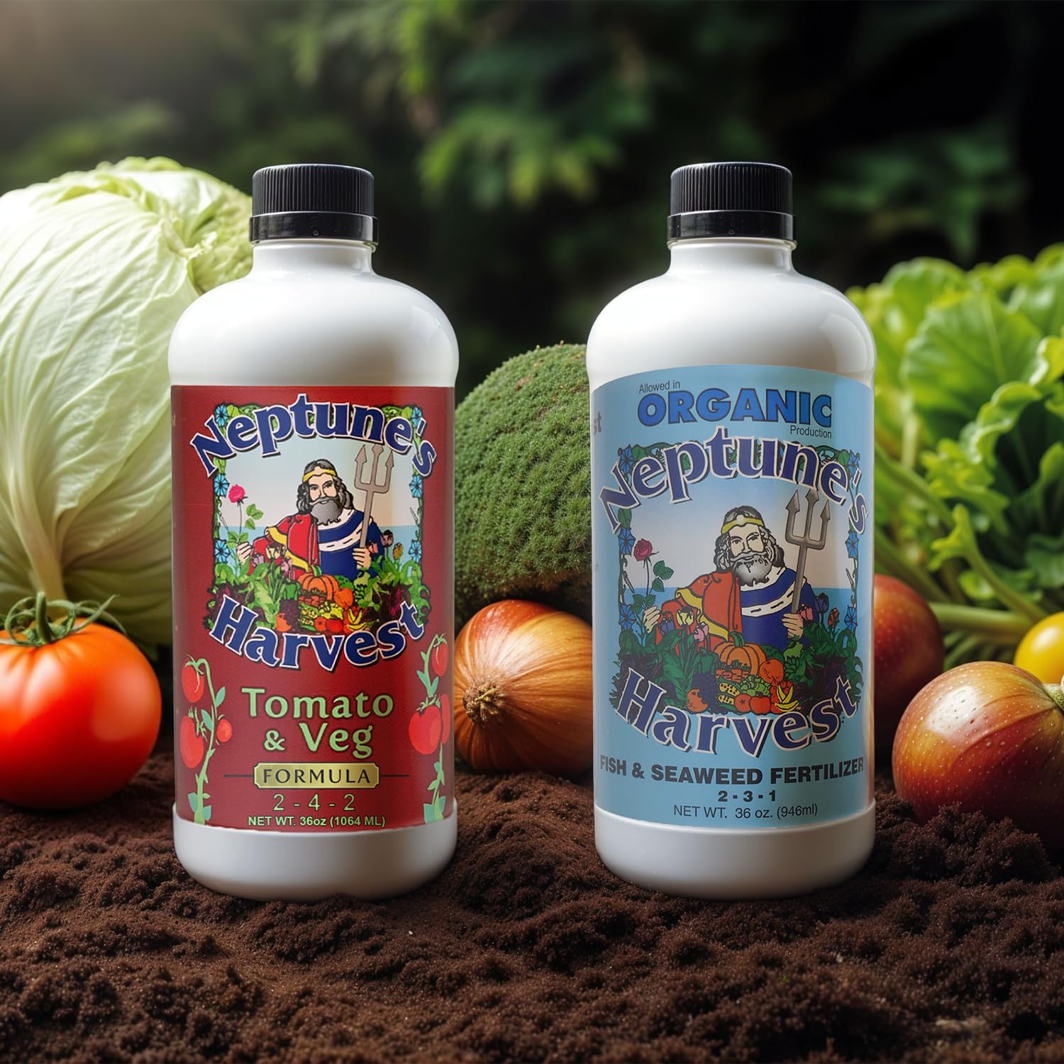 Neptune's Harvest fertilizers on a wooden table