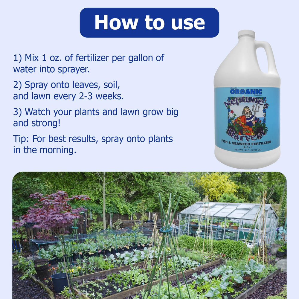 Neptune's Harvest Fish & Seaweed Liquid Fertilizer in a garden setting