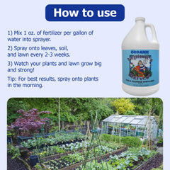Neptune's Harvest Fish & Seaweed Liquid Fertilizer in a garden setting