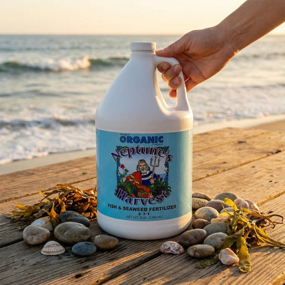 Neptune's Harvest Fish & Seaweed Liquid Fertilizer ingredients list on the bottle