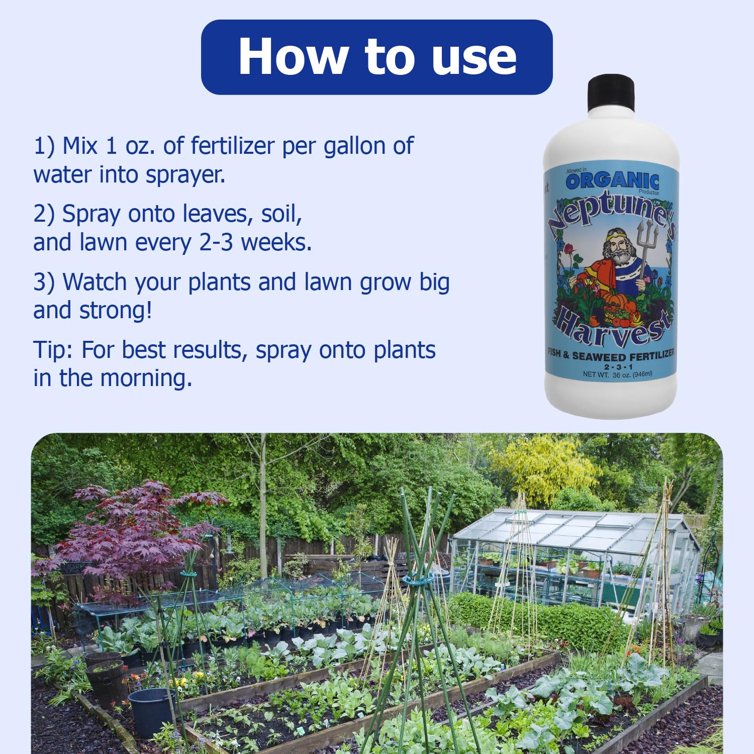 Neptune's Harvest Fish & Seaweed Liquid Fertilizer pouring into watering can