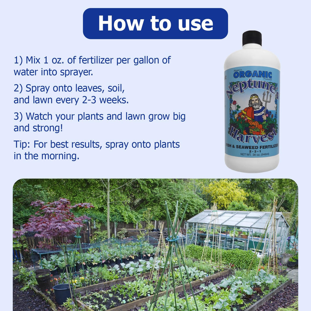 Neptune's Harvest Fish & Seaweed Liquid Fertilizer pouring into watering can