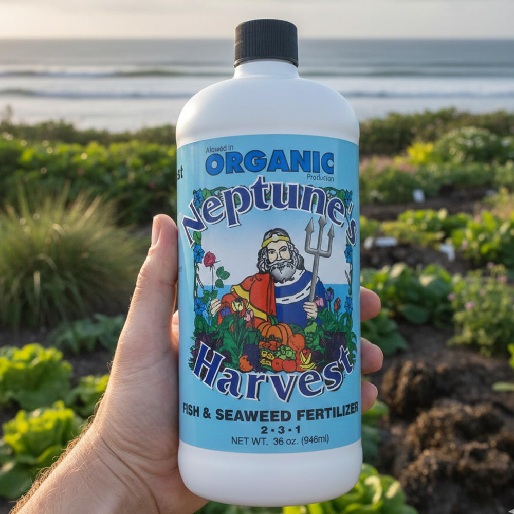 Neptune's Harvest Fish & Seaweed Liquid Fertilizer with measuring cap