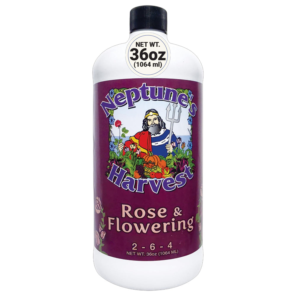 Neptune's Harvest Rose & Flowering Fertilizer 36oz bottle front view