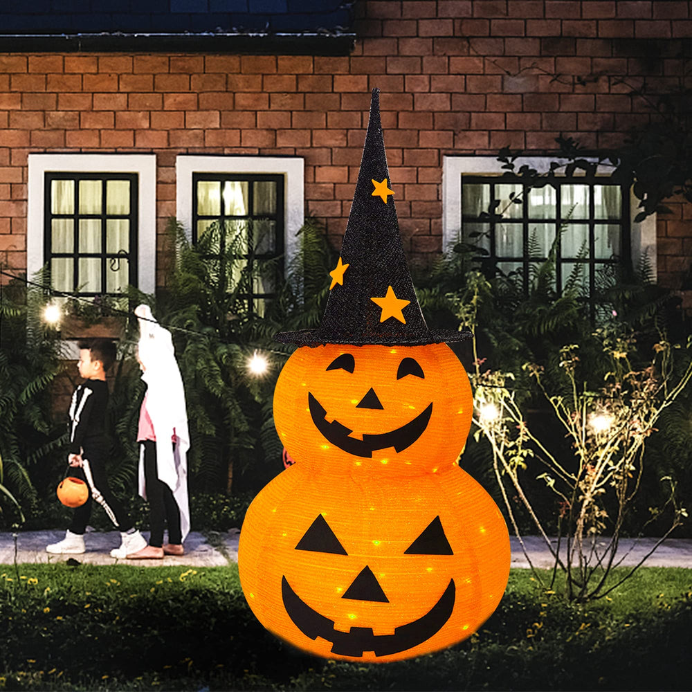 NEROSUN 3 FT Pumpkin Man at night with lights on