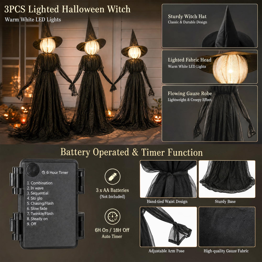 NEROSUN Halloween witches lit up at night in outdoor yard