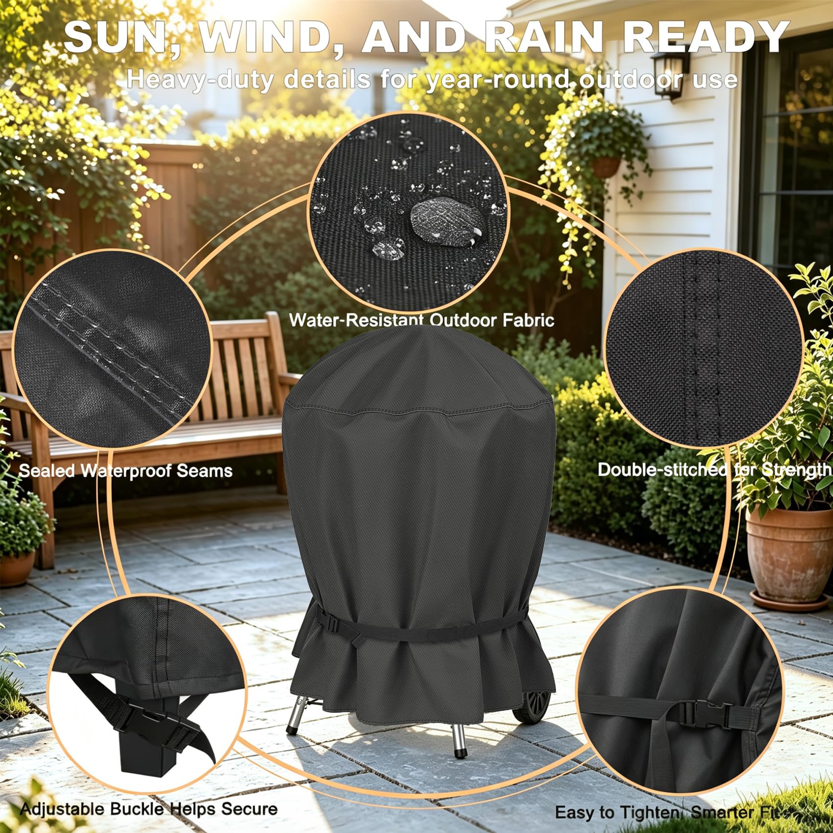 NettyPro Charcoal Kettle Grill Cover back view with buckles