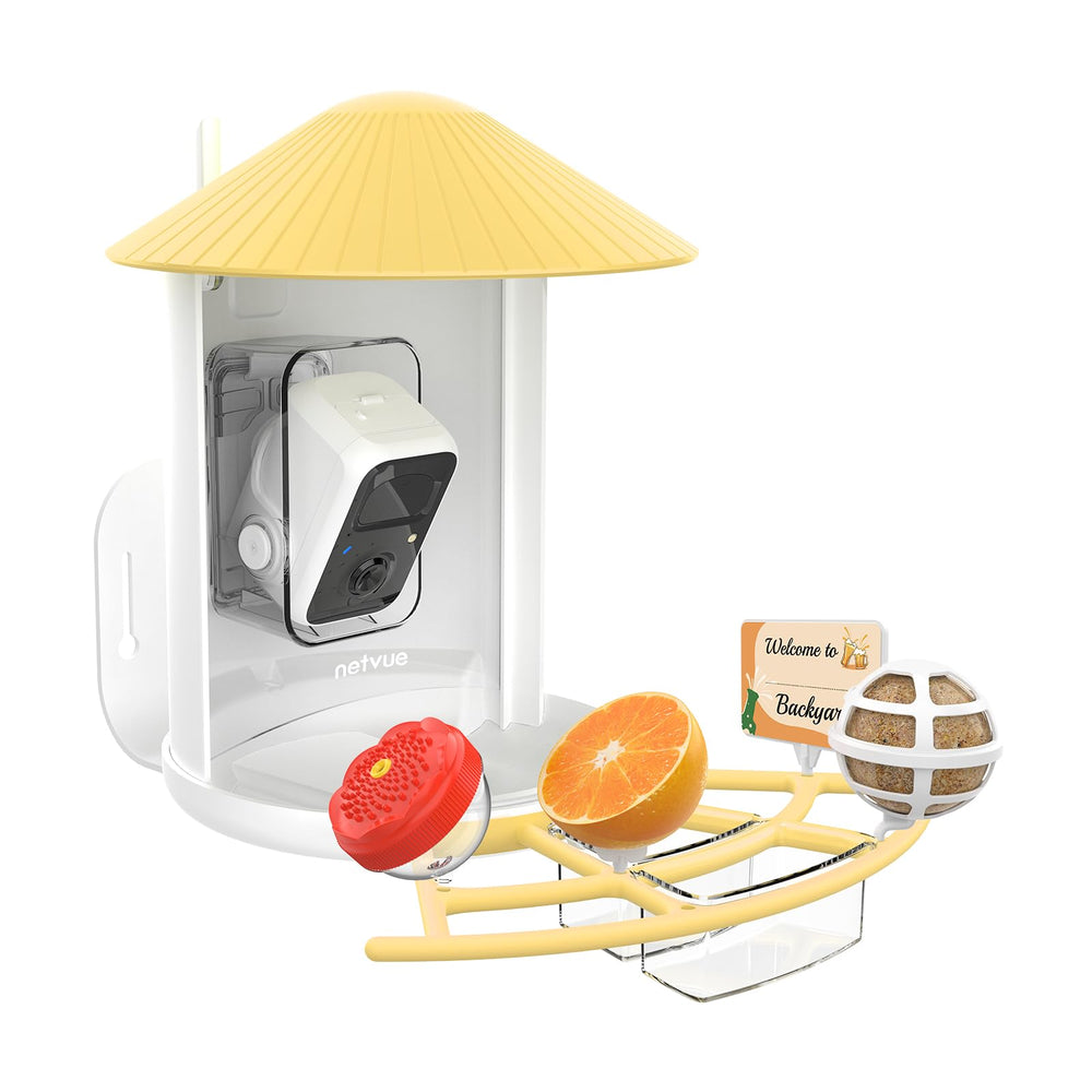 NETVUE Pro Perch with a welcome card and hummingbird feeder