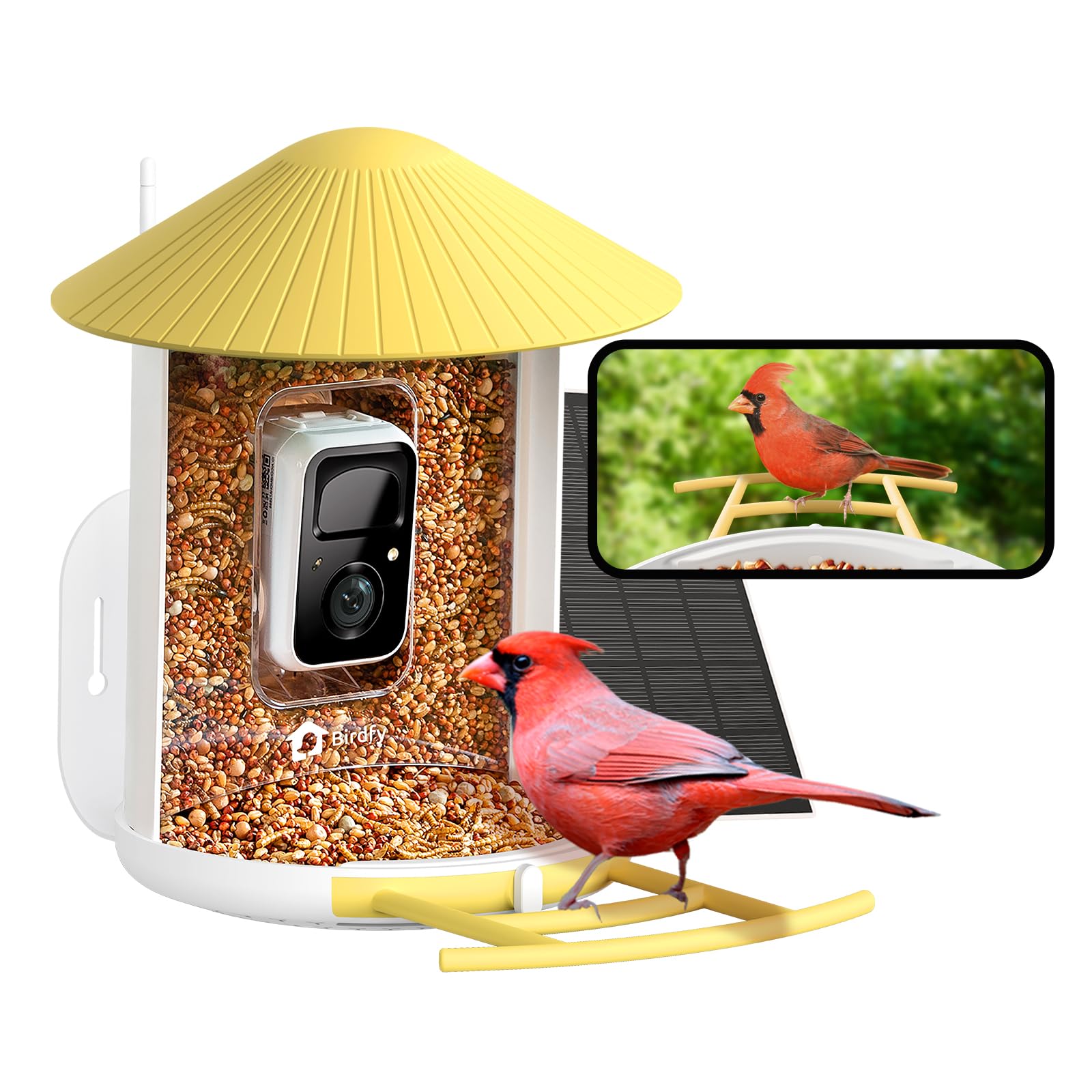 NETVUE Smart Bird Feeder front view with yellow body and camera