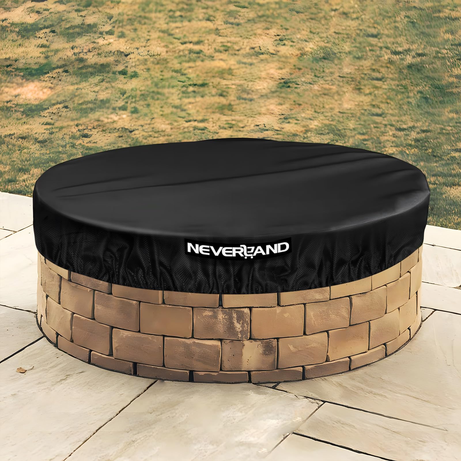 NEVERLAND round fire pit cover front view, black, 46-51 inch