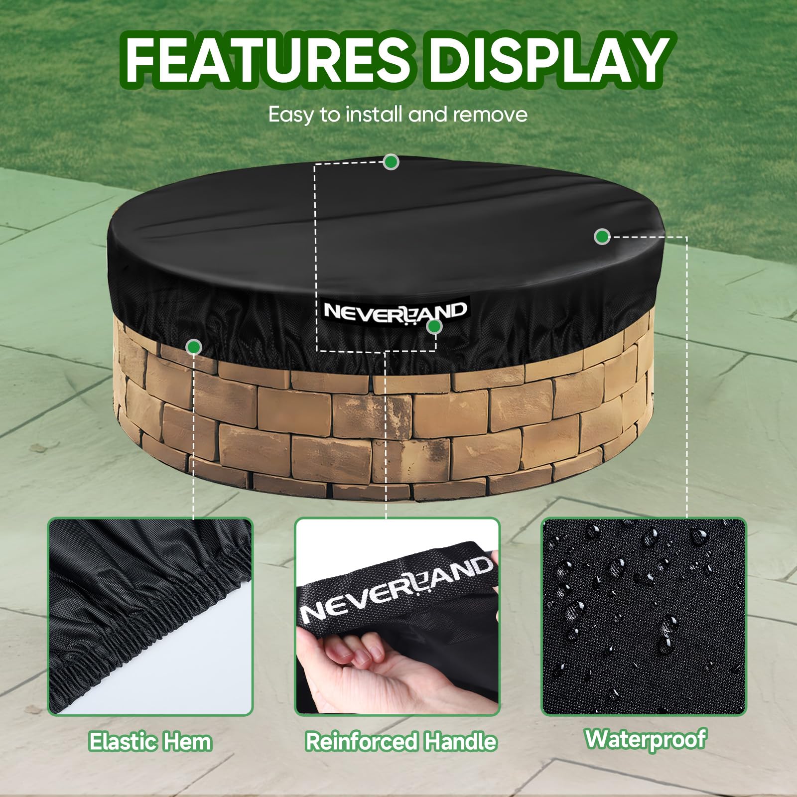 NEVERLAND Round Fire Pit Cover on a fire pit outdoors