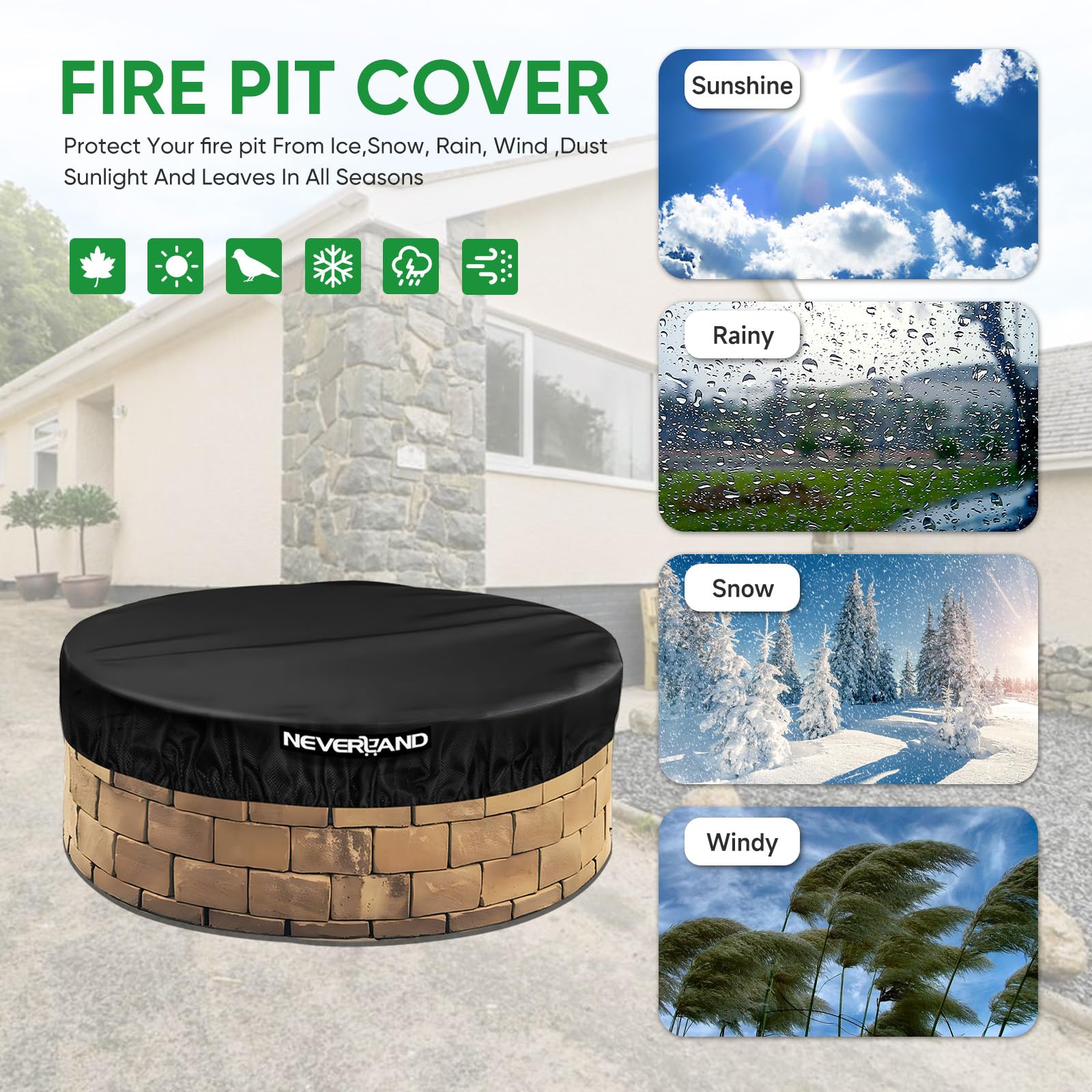 NEVERLAND Round Fire Pit Cover protecting fire pit from rain