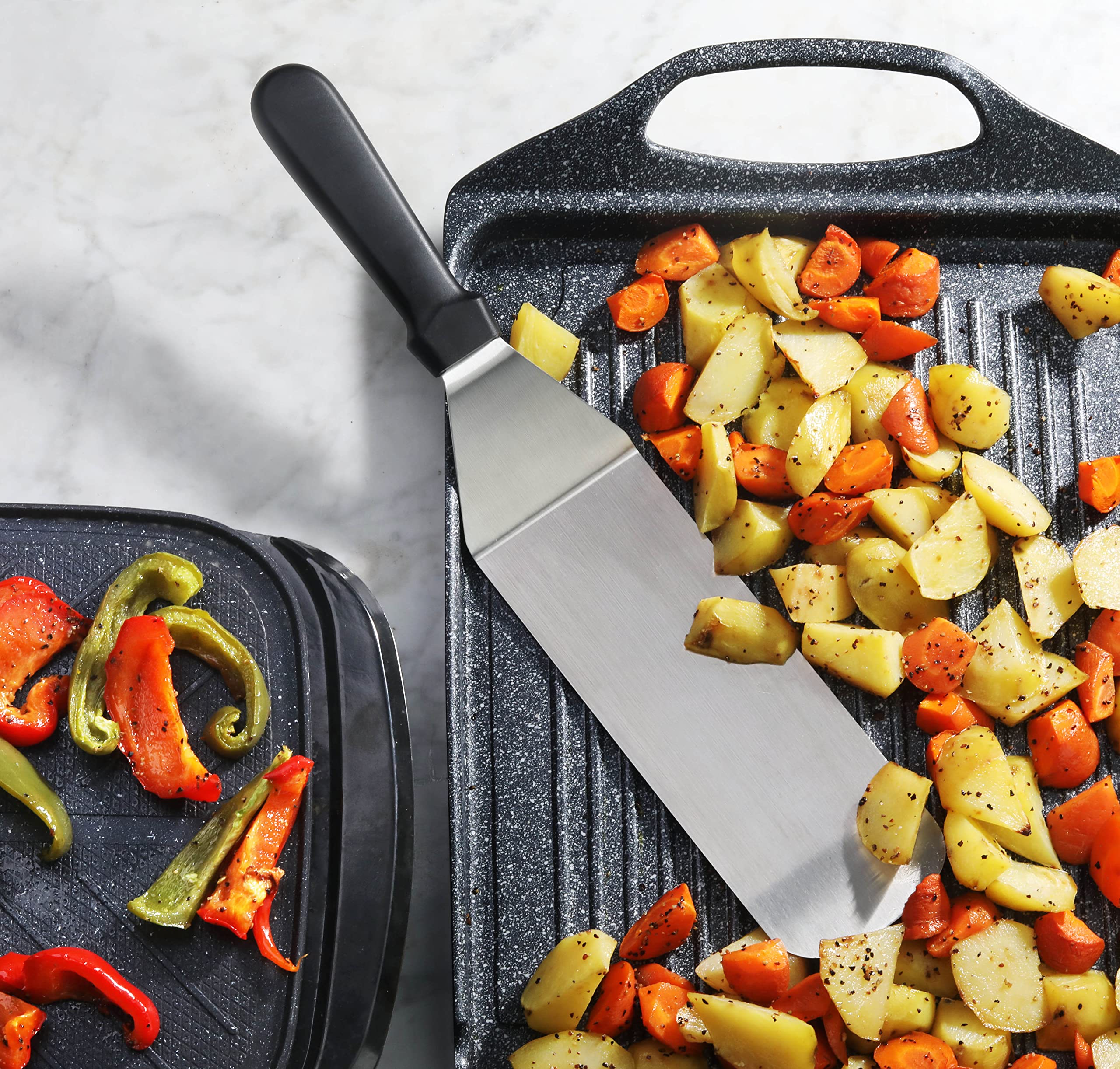 New Star Foodservice Grill Turner in use with burgers