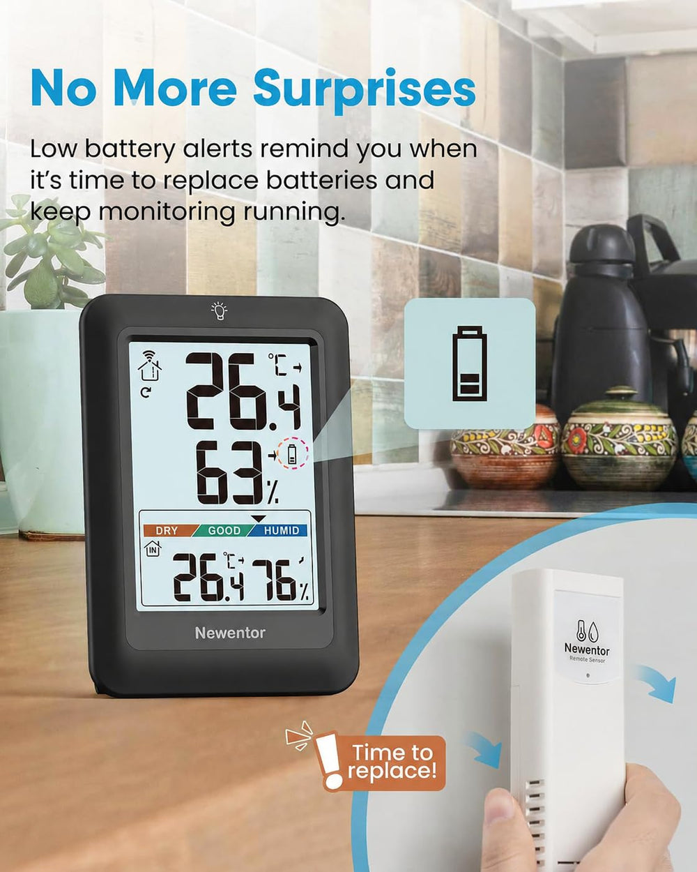 Newentor thermometer with back view and battery compartment