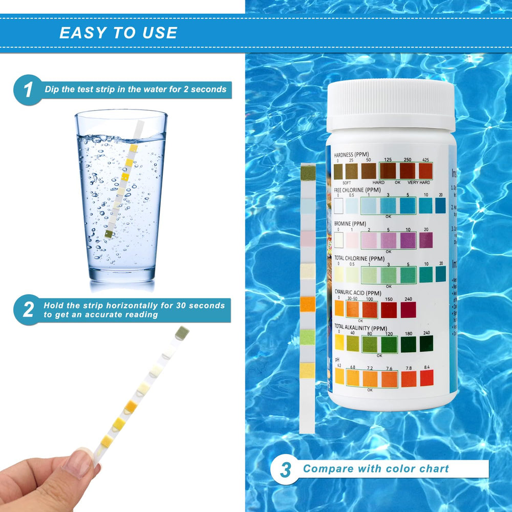 Newpol 7-in-1 Pool Test Strips being dipped in water