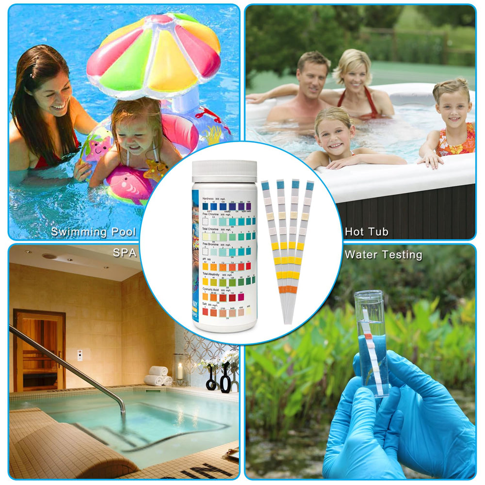 Newpol 8-in-1 Pool Test Strips showing testing range options