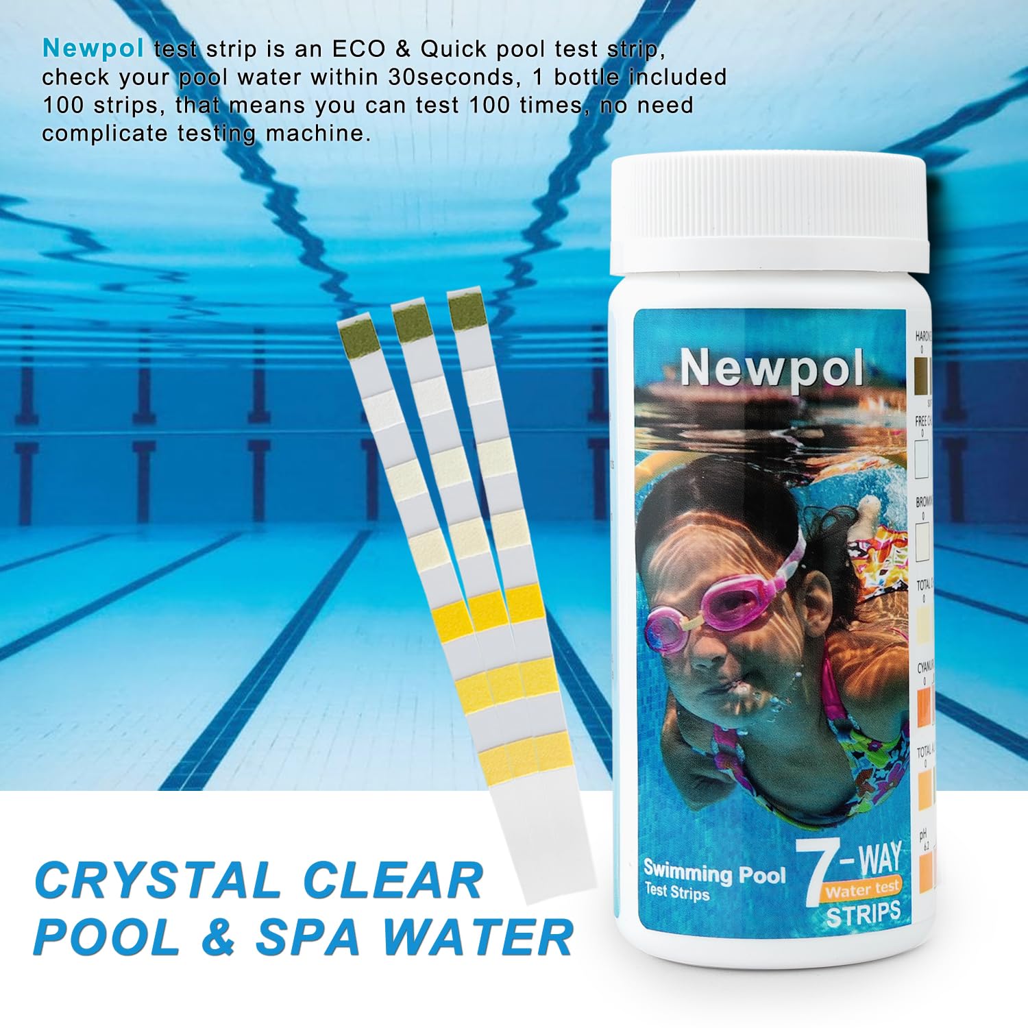 Newpol test strips displayed on a poolside