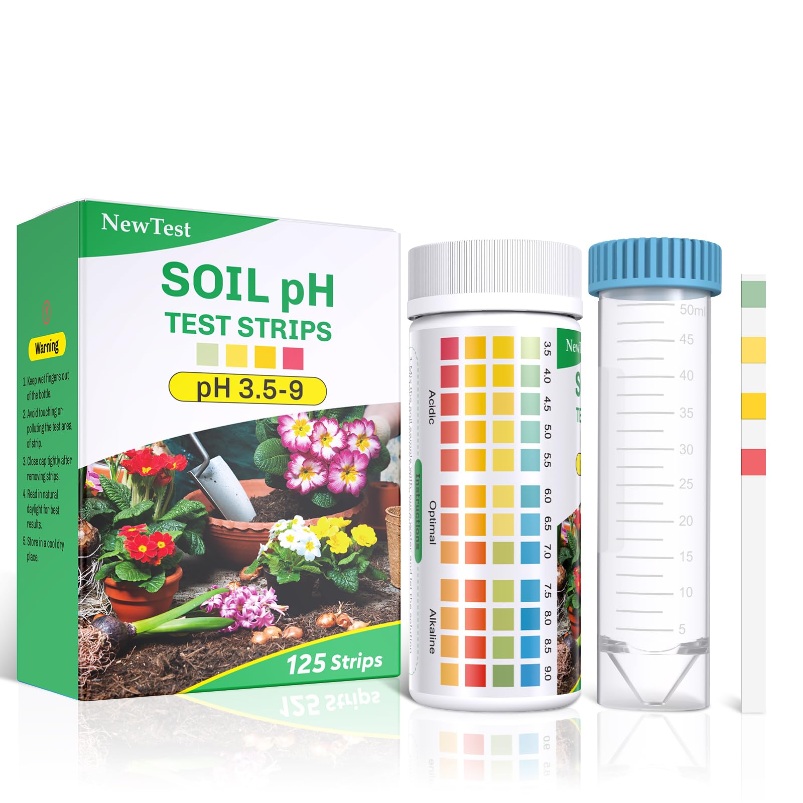 NewTest Soil pH Test Kit front view with 125 test strips
