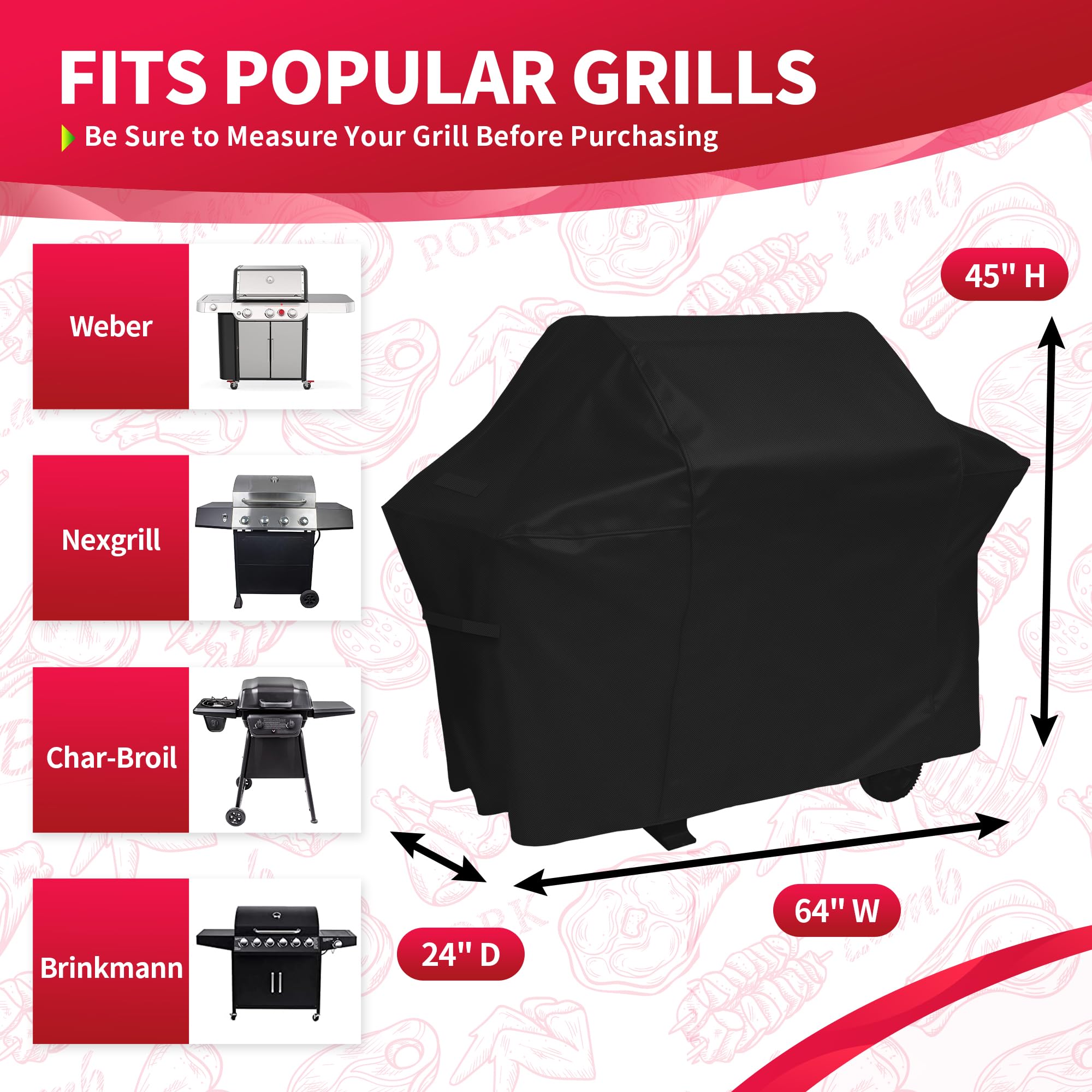 NEXCOVER 64 Inch Grill Cover side view showcasing the velcro straps