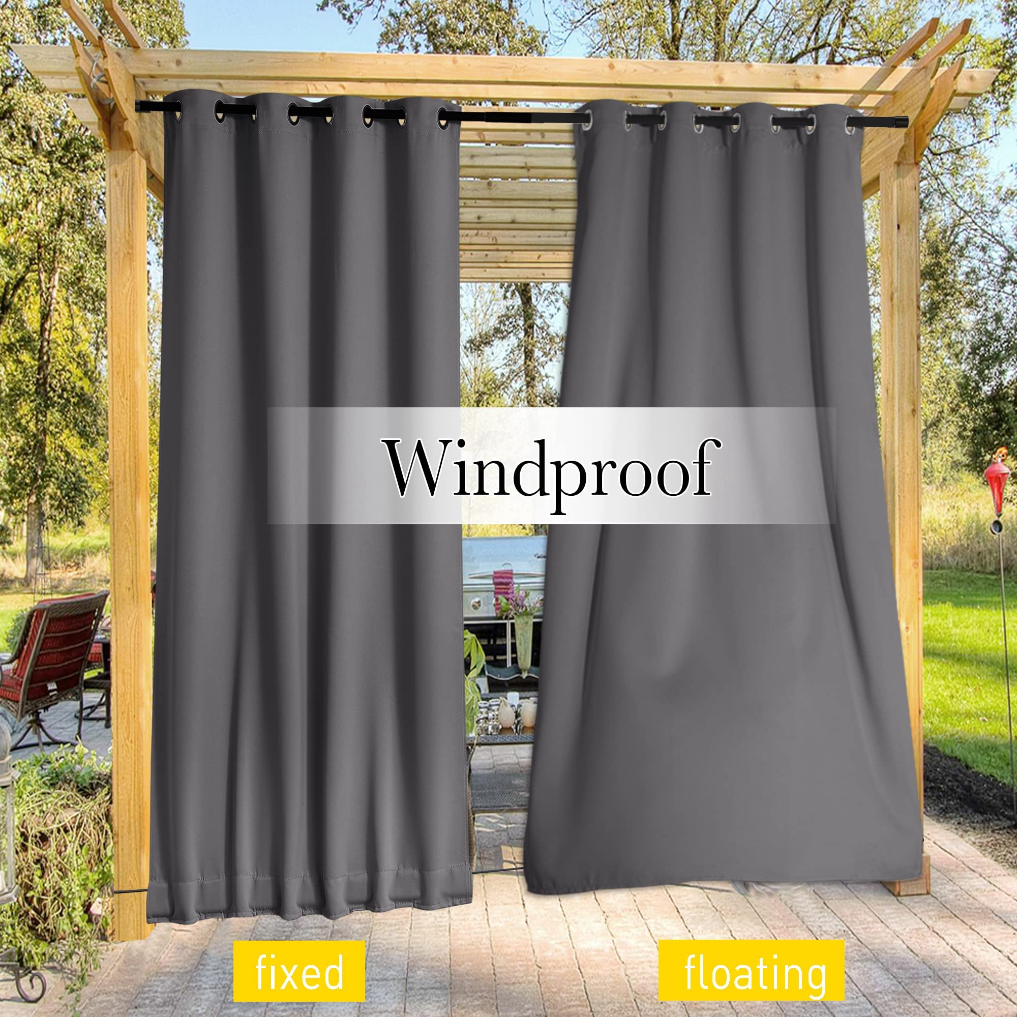 NICETOWN Grey Outdoor Curtains hanging in the wind