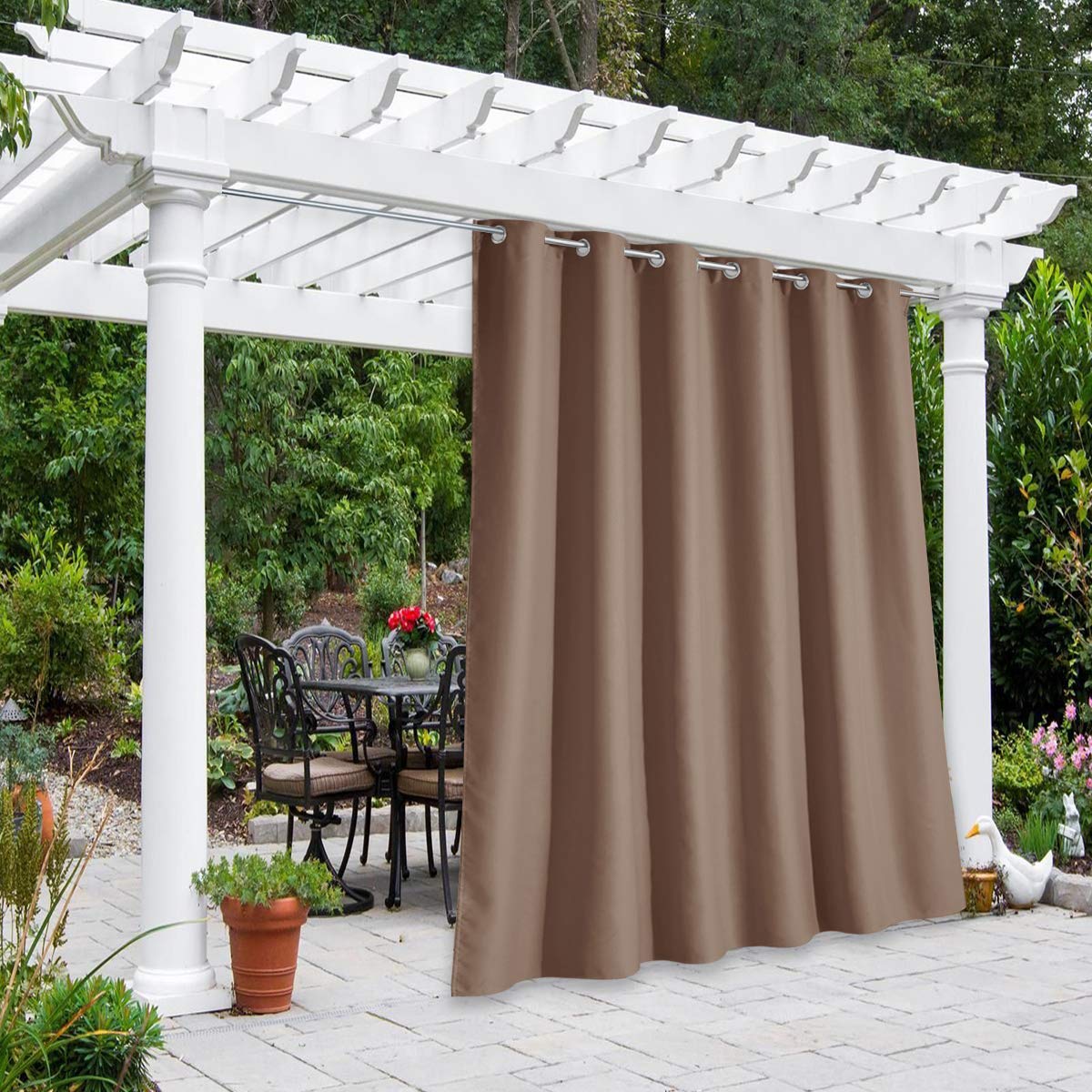 NICETOWN Outdoor Curtain tan front view with grommet top