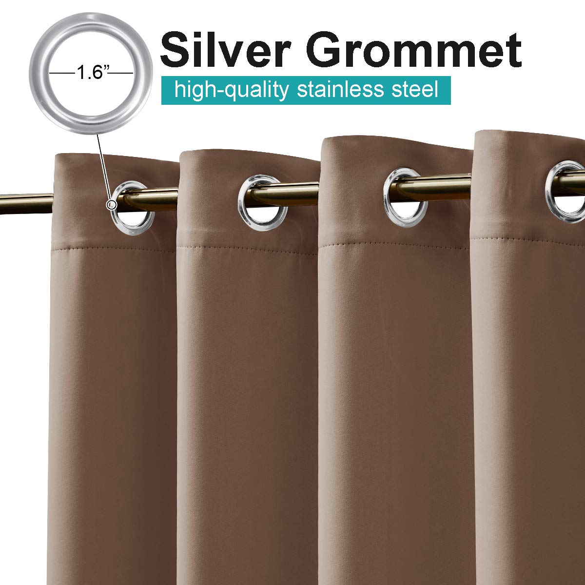 NICETOWN Outdoor Curtain tan side view hanging on a patio