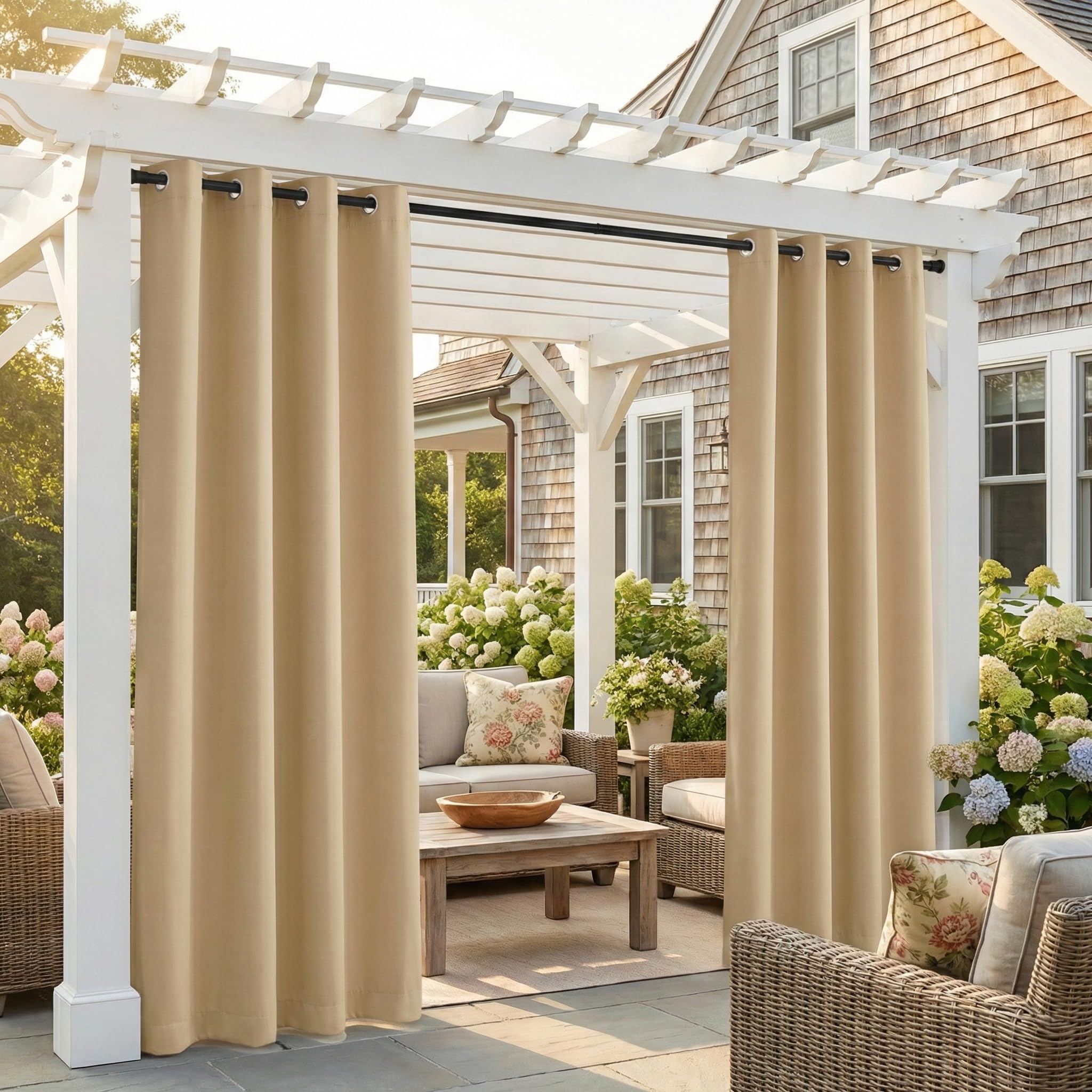 NICETOWN Outdoor Curtains front view in Biscotti Beige