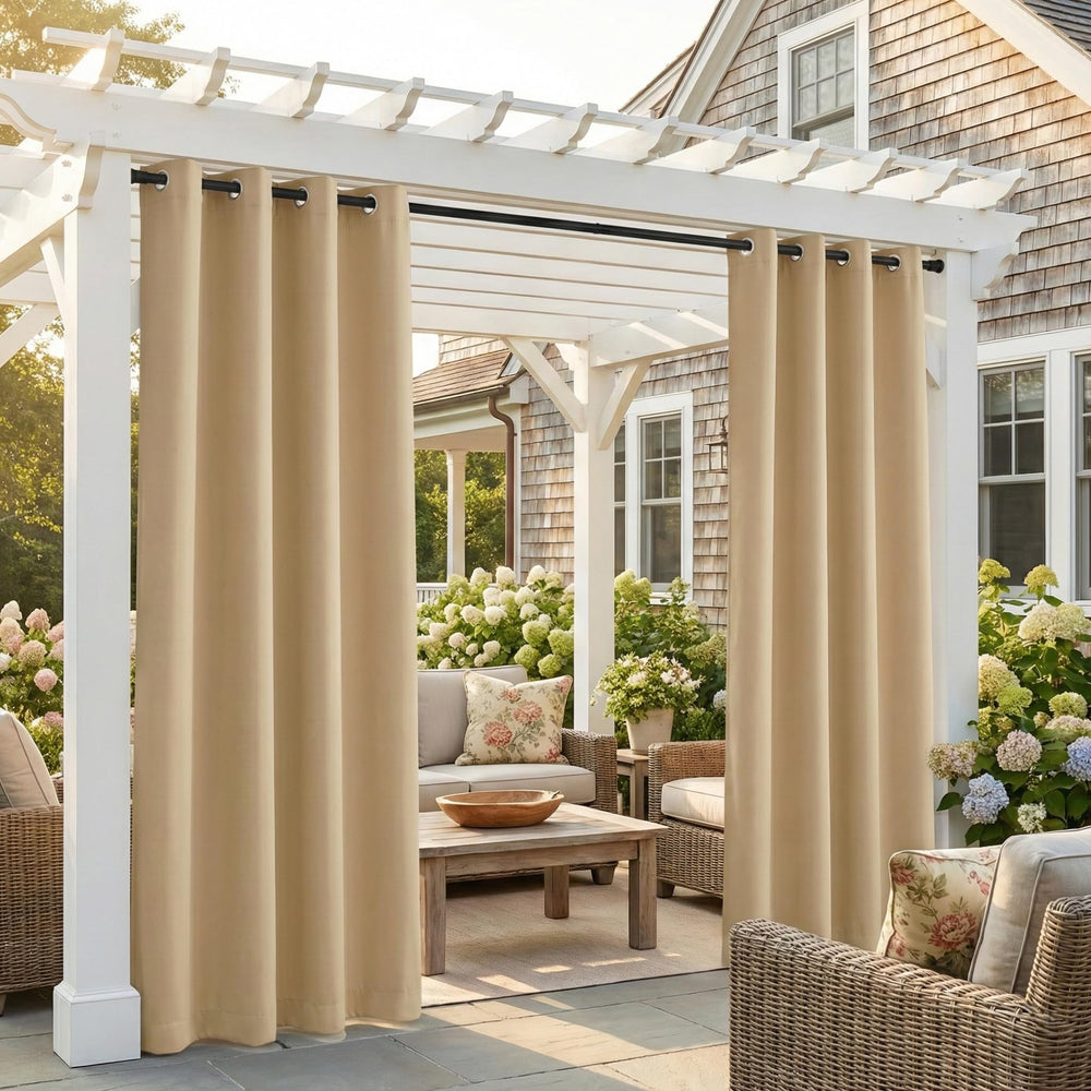 NICETOWN Outdoor Curtains front view in Biscotti Beige