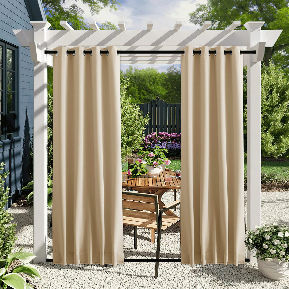 NICETOWN Outdoor Curtains front view in Biscotti Beige, W46 x L63