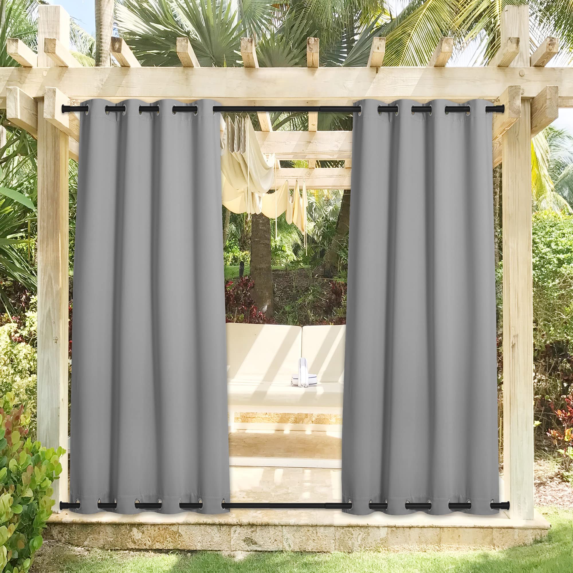 NICETOWN Outdoor Curtains Silver Grey installation on patio