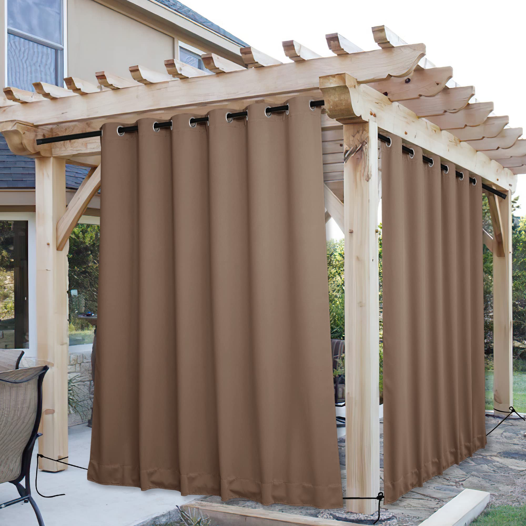 NICETOWN Outdoor Curtains Tan displayed in outdoor living space