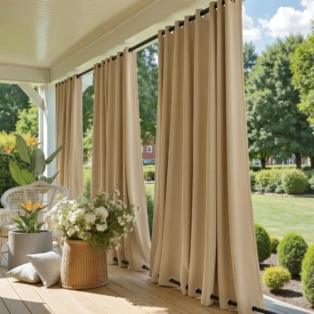 NICETOWN Waterproof Outdoor Curtains hanging on a patio