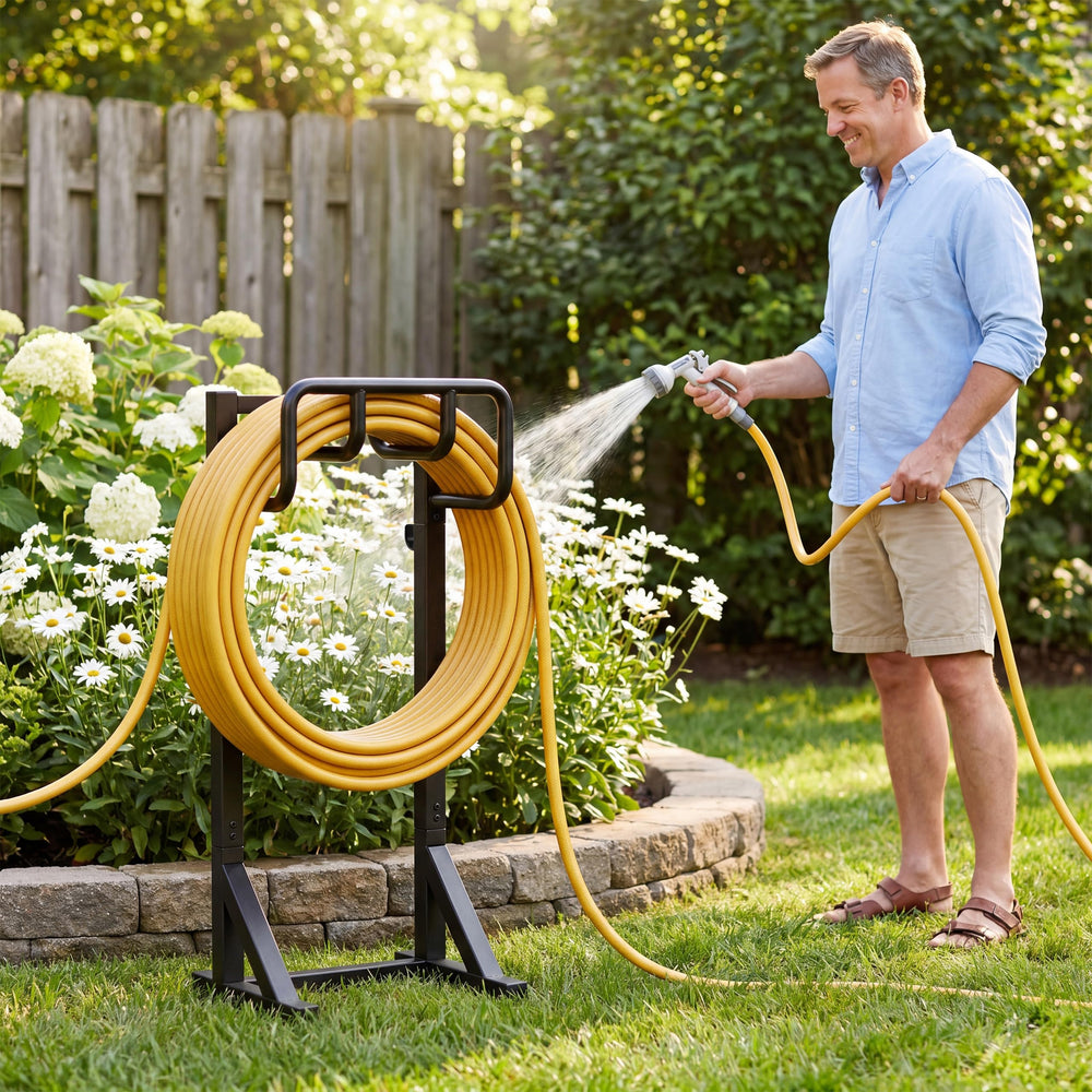 niffgaff Garden Hose Holder Stand side view showing hooks and basket