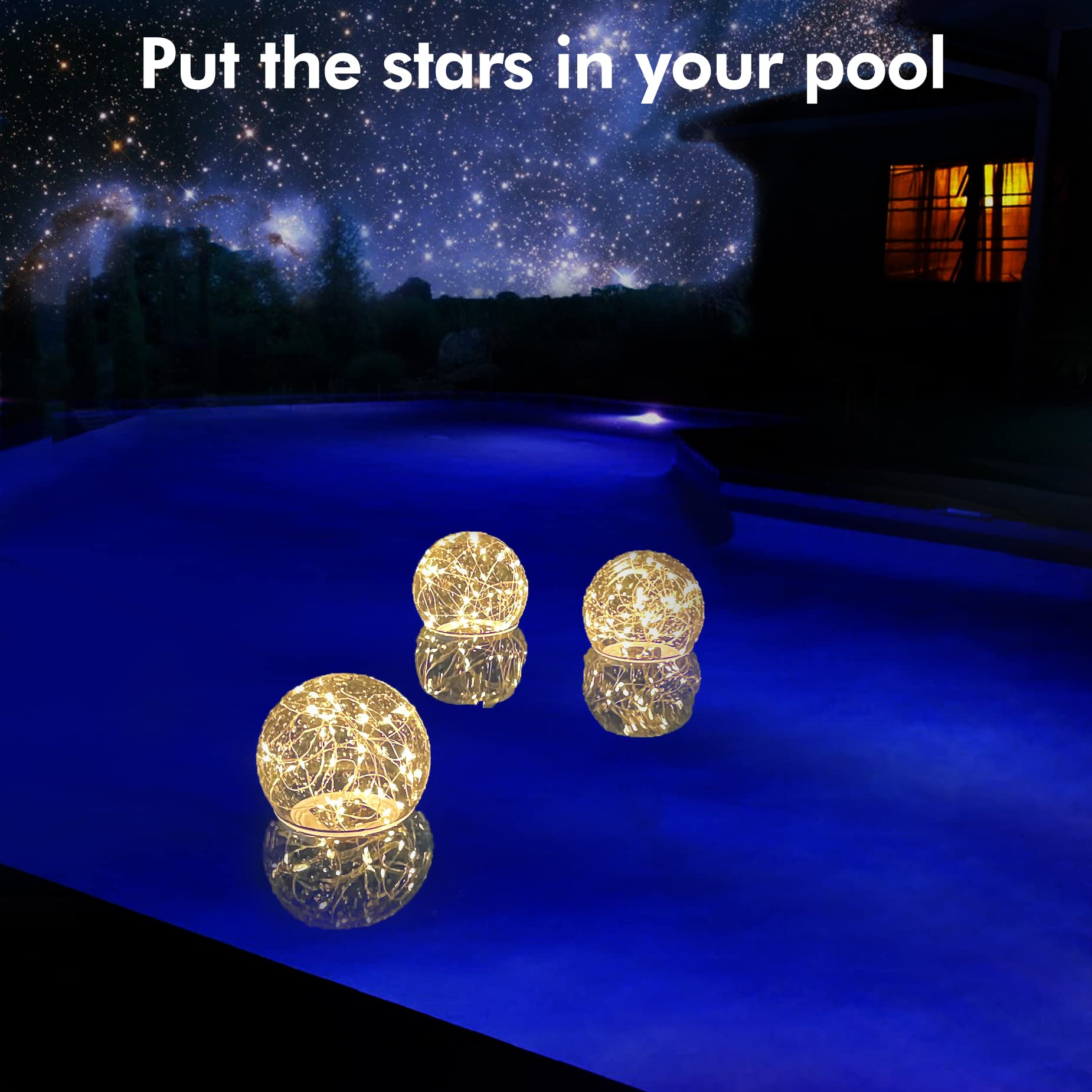 Night view of DeeprBlu Pool Chlorine Floater glowing