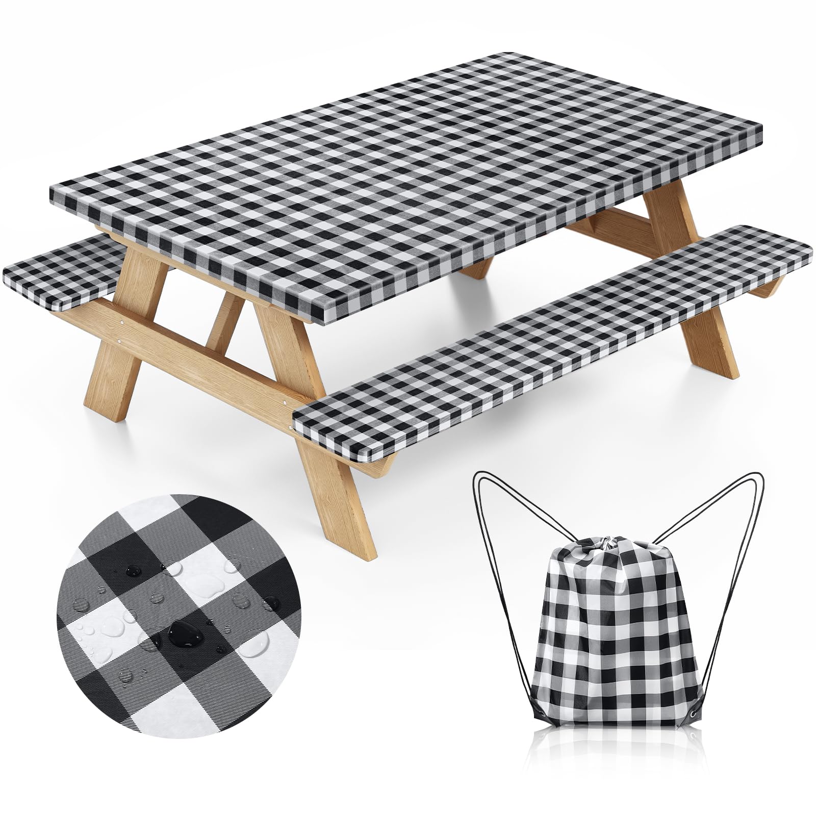 Nimalpal Picnic Table Cover Set with bench covers in black-white plaid