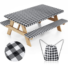Nimalpal Picnic Table Cover Set with bench covers in black-white plaid
