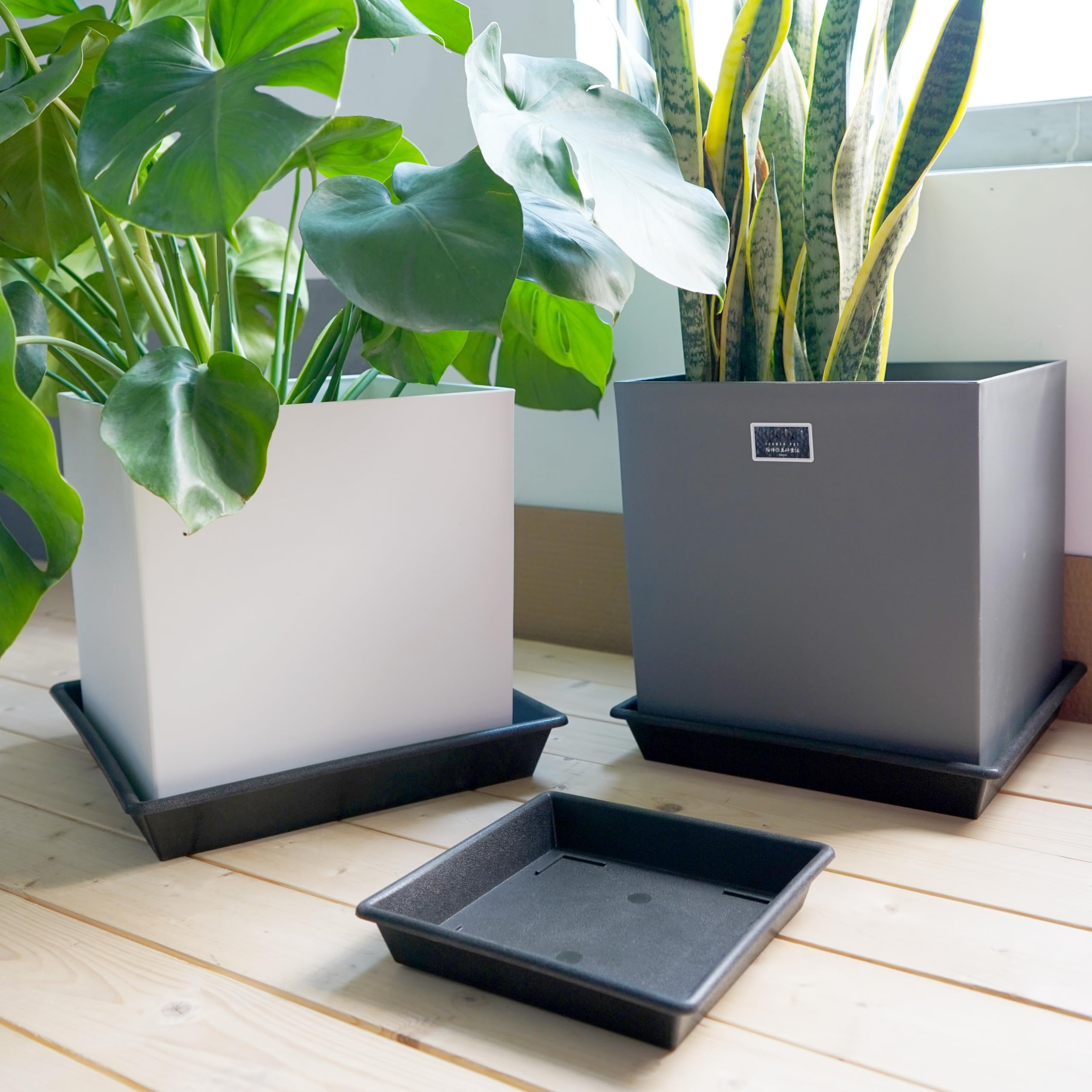 NIMYAU 10 Inch square plant saucers with dimensions shown