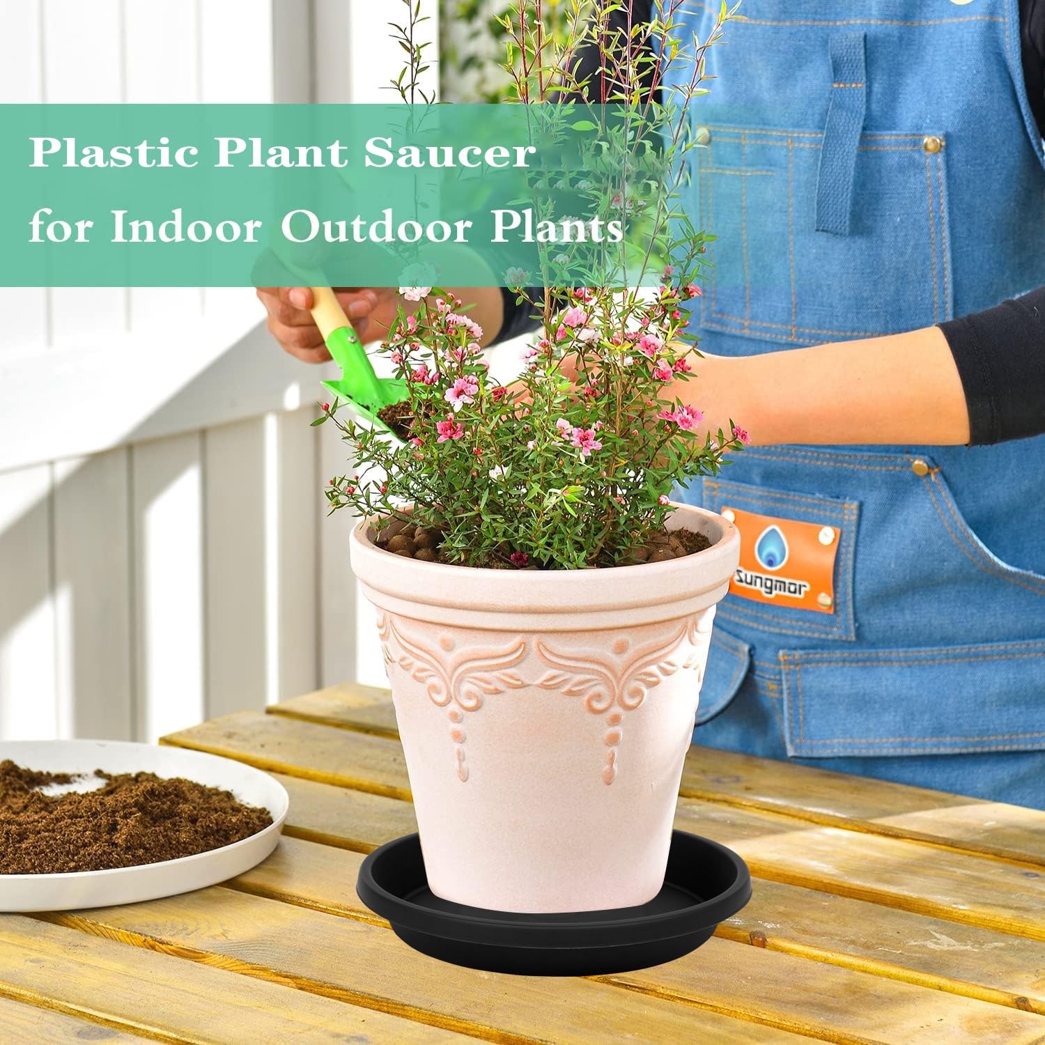 NIMYAU 16 inch plant saucer black on patio
