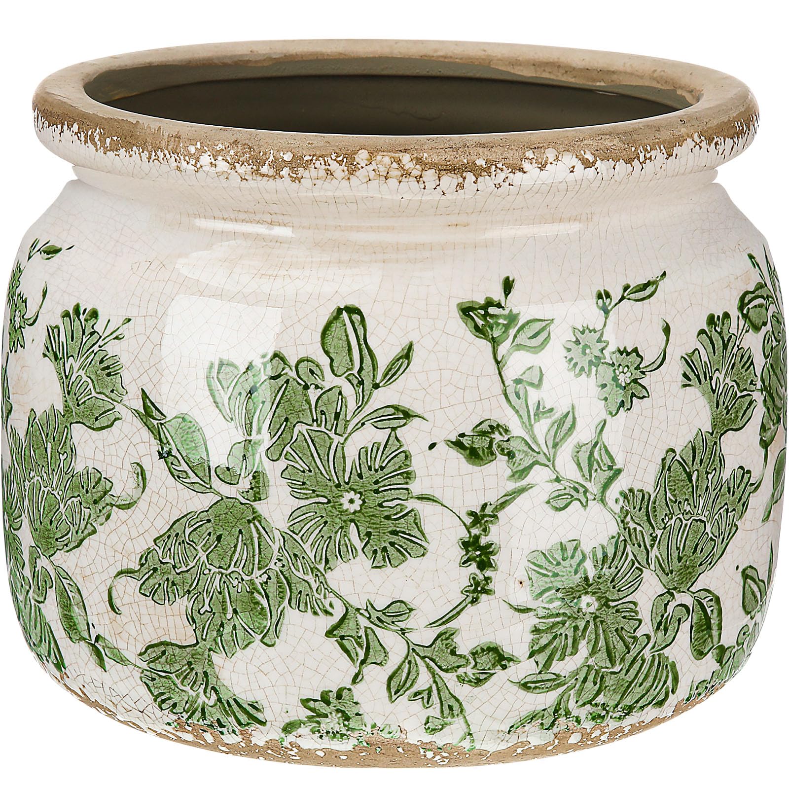 Ninehaoou 7.7-inch ceramic plant pot beige with green floral design front view