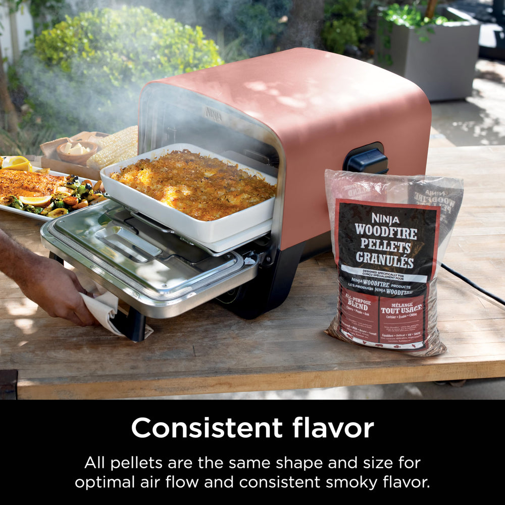 Ninja Woodfire All Purpose Pellets displayed with grilling setup